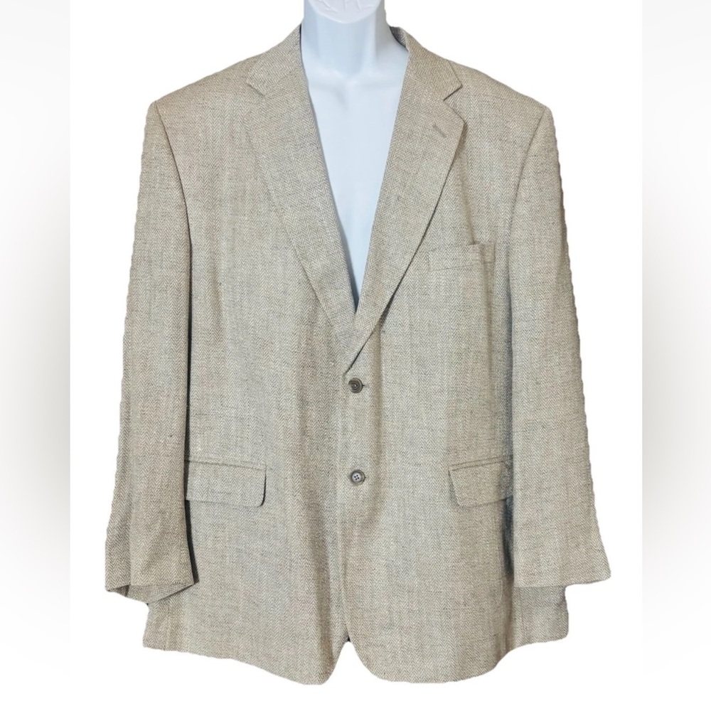 STAFFORD Men's 100% Silk Tan Herringbone Chevron Blazer Coat Jacket Size 48R